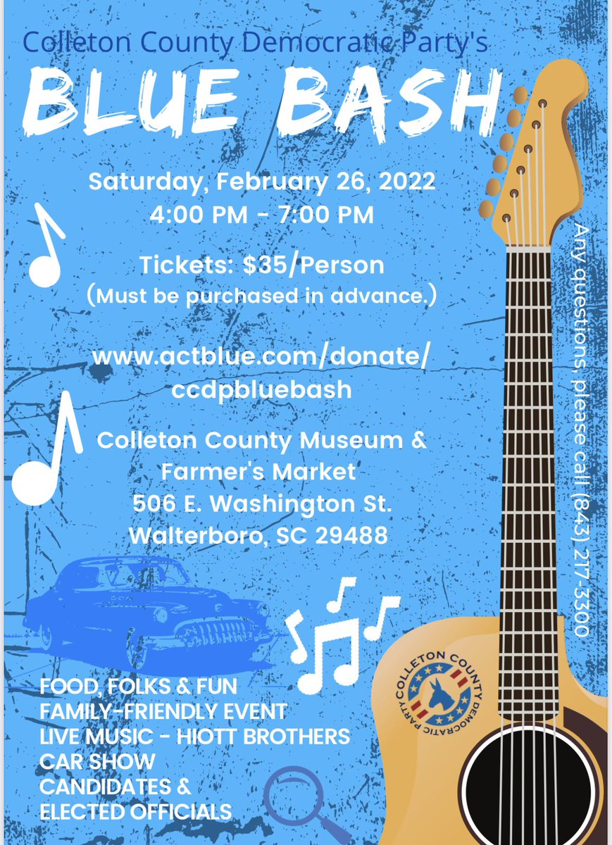 Our Blue Bash fundraiser is Feb. 26th. Come meet the candidates - <a href="/JoeCunninghamSC/">Joe Cunningham</a> @MiaforSC <a href="/geterforsenate/">Angela Geter for SC</a> @tnovsa <a href="/rezsaunforsc/">ReZsaun Lewis</a>    <a href="/ChsDems/">Charleston Democrats</a> @CountyBeaufort <a href="/dordems/">Dorchester County Democrats</a> <a href="/berkeleydems/">BCDA</a>