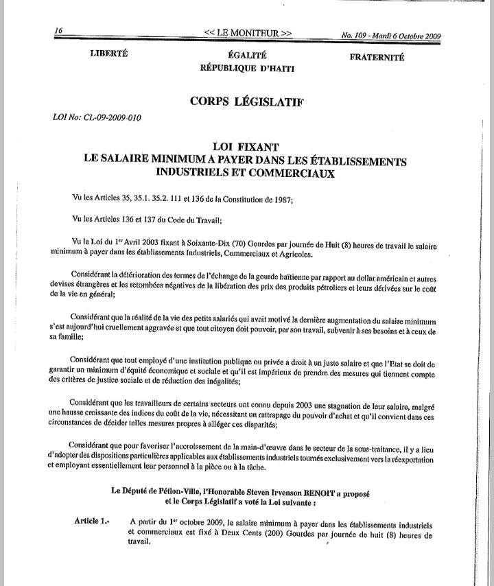 BeenAime's tweet photo. La loi portant sur le salaire minimum,votée au parlement le 1e octobre 2009 et promulguée dans Le Moniteur le 6 octobre 2009,dans son art. 4 est clairement définie. https://t.co/Vk1ketrEyR