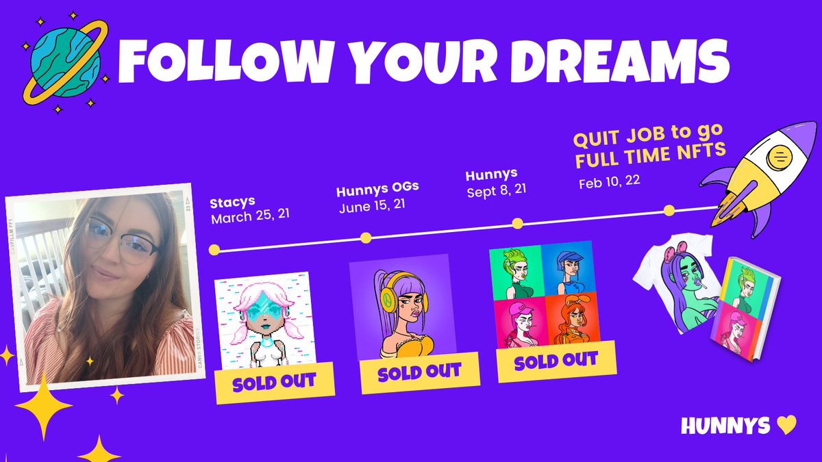 🚀✨FOLLOW YOUR DREAMS🚀✨

Today I quit my 9-5 job to go ALL IN on NFTs!

1 woman. 1 year. 1 dream. 3 sold-out collections. 

This is a message to all the creators and builders: Your wildest dreams CAN become a reality. KEEP GOING! 

#nfts #WomenInNFTs