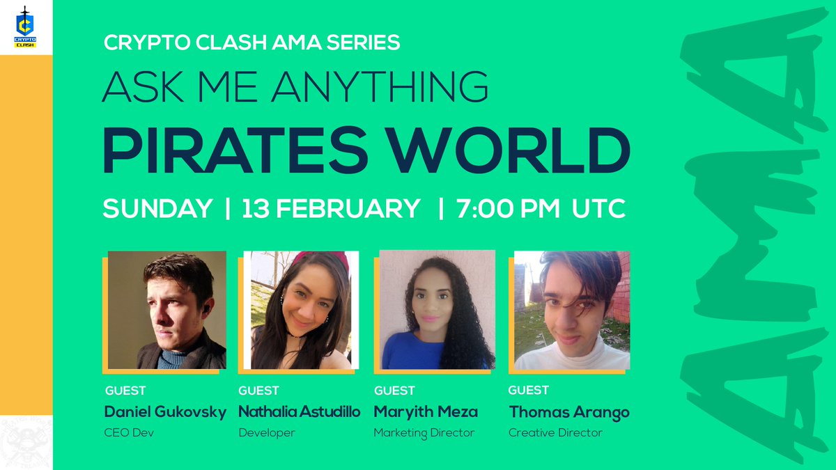 ⚔️AMA Series With Pirates World

🎁Prize: $100 BUSD 
📆Date: February 13th 2022 7 PM UTC 
🏨 Venue: t.me/cryptoclash0

〽️ Rules:

1️⃣. Follow 
<a href="/CryptoClash1/">Crypto Clash</a>
  &amp;
@PiratesWorldNFT

2️⃣. Like Retweet &amp; Comment Your Questions (5 Questions Max) Tag 3 friends.