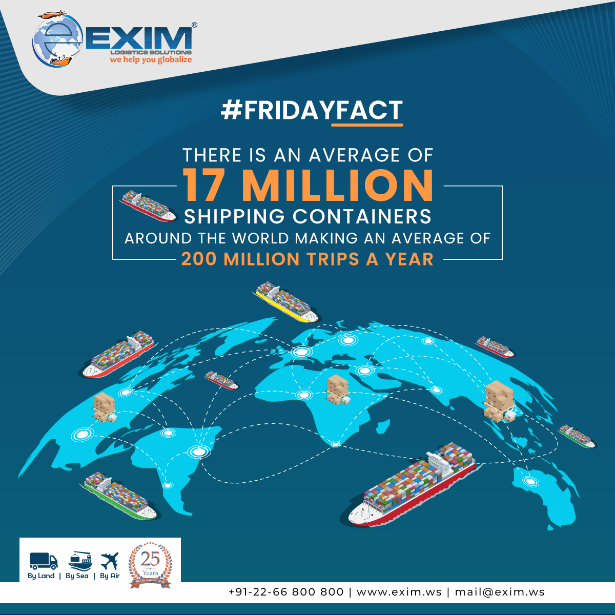 eximtranstrade's tweet photo. ๐ซ๐๐
๐๐๐ ๐ฒ๐๐๐?
There is an average of 17 million shipping containers around the world making an average of 200 million trips a year.
Deepen your knowledge every week by joining us for such amazing ๐
๐๐๐ญ๐ฌ ๐จ๐ง ๐๐จ๐ ๐ข๐ฌ๐ญ๐ข๐๐ฌ!
#Exim #logisticsfact https://t.co/QYhcu0zbLj
