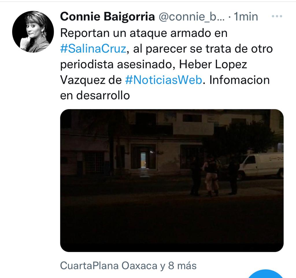 NsintesisMich's tweet photo. Asesinan a otro periodista en Oaxaca hace unos minutos Heber Lopez Vázques de #noticiasweb de salina Cruz Oaxaca,fue privado de la vida en su estudio
#nosematalaverdad
#periodistas https://t.co/Wt9tQOhdvx