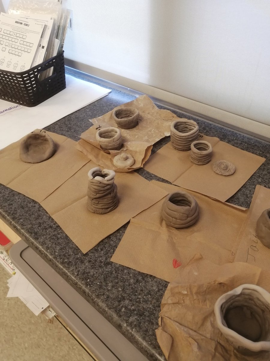 MsDoyle2's tweet photo. Thank you Jennifer from the City of Waterloo Museum for virtually teaching is about pottery! The students loved it! #coilpottery #messy #grit #growthmindset @stannestars @cityofwaterloomuseum @umbrellapjct https://t.co/kzm8IJXESP