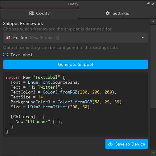 BoatbomberRBLX's tweet image. I've been collaborating with @csqrI to expand their #Roactify plugin!
I added syntax highlighting, UX improvements, contrib list via GitHub API, and...
Support for Fusion & Regular code creation in addition to Roact! Now called #Codify.
Coming soon™