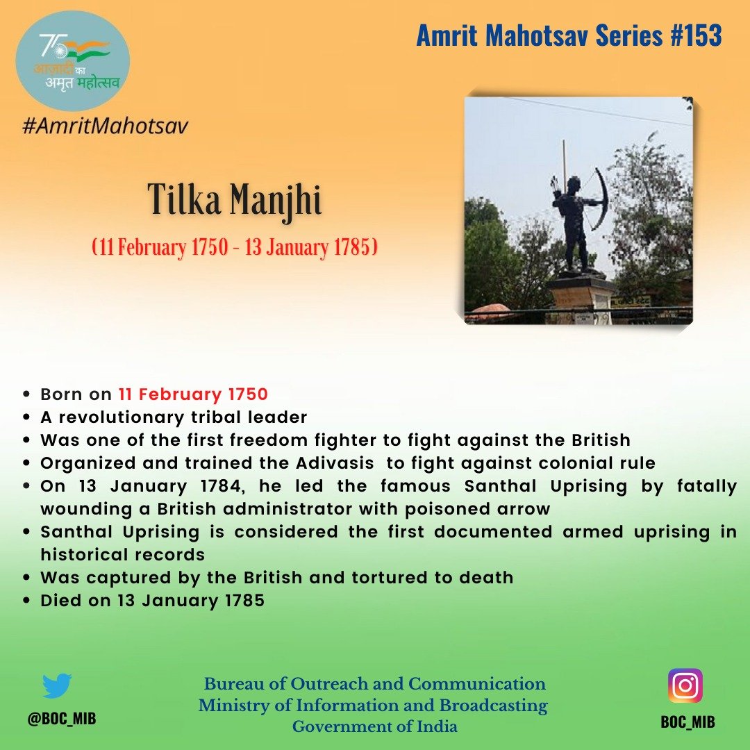 Central Bureau of Communication,Jammu (@cbcjammukashmir) on Twitter photo ▶️ As part of #AmritMahotsav paying tribute to Tilka Manjhi, a revolutionary tribal leader, on his birth anniversary.
⏩ Tilka was one of the first freedom fighters to fight against the British.
#AmritMahotsav
<a href="/AmritMahotsav/">Amrit Mahotsav</a> ▶️ As part of #AmritMahotsav paying tribute to Tilka Manjhi, a revolutionary tribal leader, on his birth anniversary.
⏩ Tilka was one of the first freedom fighters to fight against the British.
#AmritMahotsav
<a href="/AmritMahotsav/">Amrit Mahotsav</a>