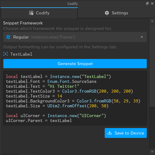BoatbomberRBLX's tweet image. I've been collaborating with @csqrI to expand their #Roactify plugin!
I added syntax highlighting, UX improvements, contrib list via GitHub API, and...
Support for Fusion & Regular code creation in addition to Roact! Now called #Codify.
Coming soon™