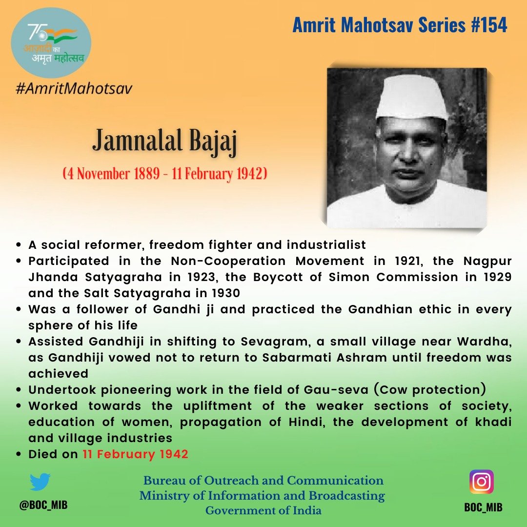 Central Bureau of Communication,Jammu (@cbcjammukashmir) on Twitter photo ▶️ Remembering Jamnalal Bajaj, a social reformer, freedom fighter & industrialist.
⏩ He participated in the Non-Cooperation Movement in 1921 & worked towards the upliftment of the weaker sections of society.
#AmritMahotsav
<a href="/AmritMahotsav/">Amrit Mahotsav</a> ▶️ Remembering Jamnalal Bajaj, a social reformer, freedom fighter & industrialist.
⏩ He participated in the Non-Cooperation Movement in 1921 & worked towards the upliftment of the weaker sections of society.
#AmritMahotsav
<a href="/AmritMahotsav/">Amrit Mahotsav</a>