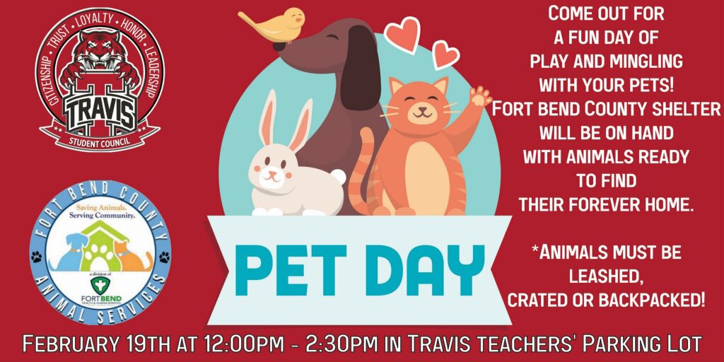 Seniors, StuCo is having their first ever Pet Day on February 19th! Come out and bring your pets, and even if you don’t have a pet come out to show support!! <a href="/TravisHS_Stuco/">Travis HS STUCO</a> <a href="/THS_Tigers/">Travis High School</a>