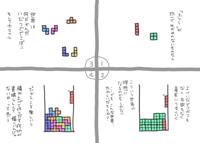 過去作でフォロワーさん増えてきたので、昔描いた「世界をテトリスで考えてみたら」の漫画をカラーでリメイクしてみた。

色んな感情や特性があって、一人一人違う事が楽しくて素晴らしい。
その感覚が当たり前の世界になることを願ってます。

#アスの毎日絵日記 #コルクラボマンガ専科 