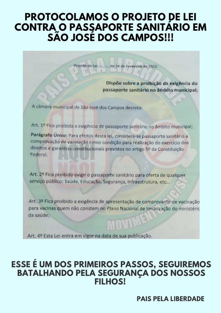 PaisPLiberdade's tweet photo. Hoje conseguimos protocolar o projeto de lei contra o passaporte sanitário em São José dos Campos, sabemos que teremos muitos degraus pela frente, mas iremos continuar batalhando dia após dia pela segurança e bem estar de nossos filhos!
#ExperimentoAquiNão
#PaisPelaLiberdade https://t.co/m39SirCIFQ