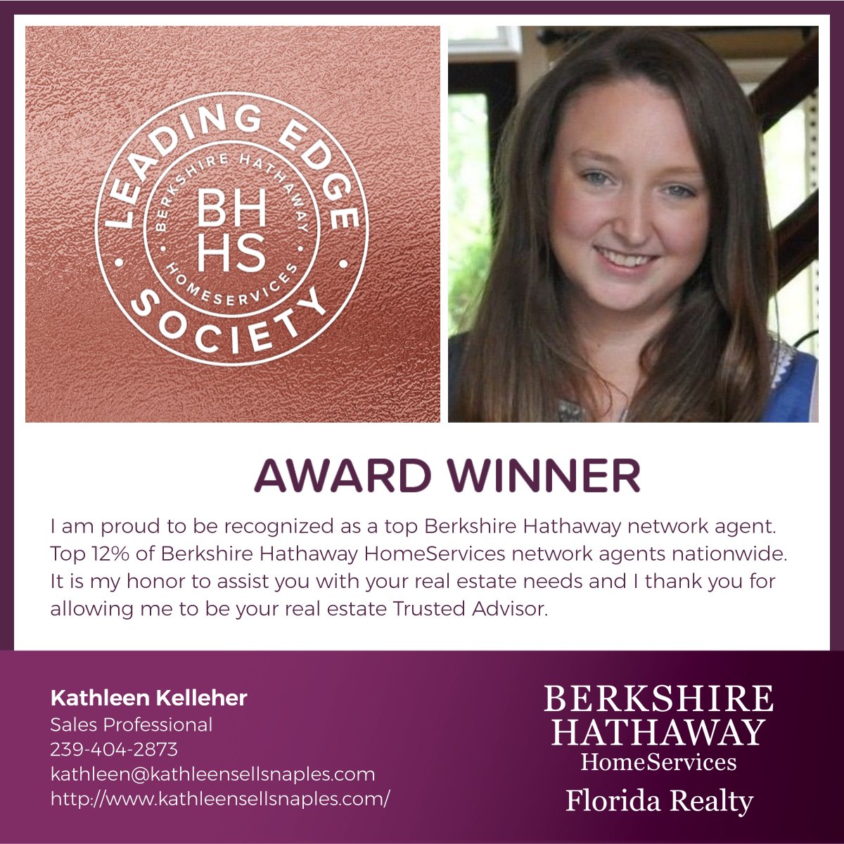 KathleenSellsFL's tweet photo. Received an email from my broker congratulating me on an award for being in the top 12% of BHHS agents. I am so blessed to have been able to help so many great customers in the past year and look forward to helping even more in the future. #blessedandgrateful #swflrealtor #BHHS https://t.co/EXyCMQocRm
