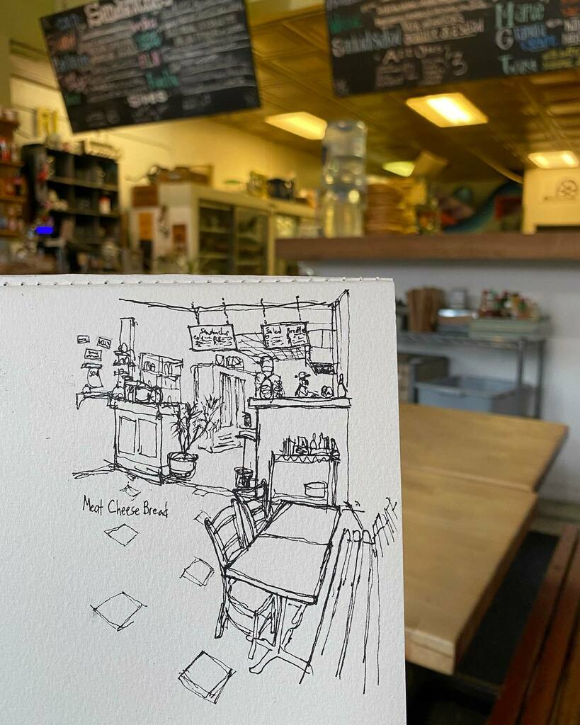 ambersausen's tweet photo. Breakfast and booth babes! 
The breakfast burrito at @meatcheesebreadportland lived up to the hype. So good. And the @alliiance_ team of Paul and me had a good day at the American Camp Association. 
#urbansketchers #urbansketchersportland #aca2022 #allii… https://t.co/44eb2uVn6f https://t.co/ufIujTDROF
