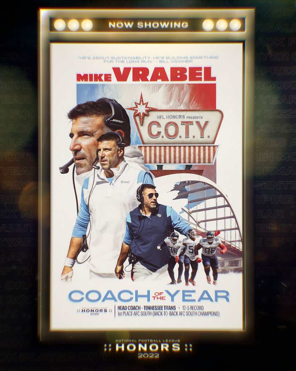 NFL's tweet photo. .@Titans head coach Mike Vrabel is the 2021 Coach of the Year! #NFLHonors 

(by @Invisalign) https://t.co/9Gs8nbI7Yg