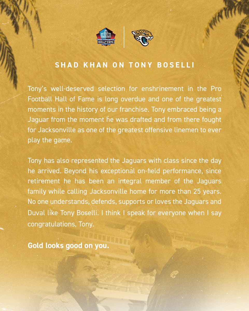 Jaguars's tweet photo. Gold looks good on you, @TonyBoselli!
#TimeForTony https://t.co/qTx3o7y6n6