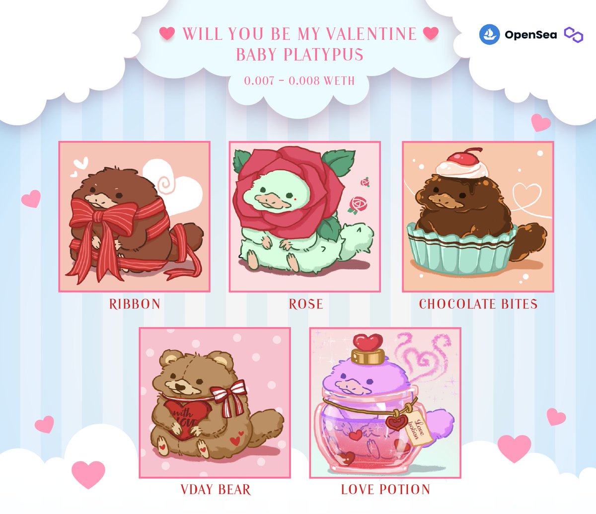 ❣️ Valentine Platypus ❣️
          Baby Platypus

Platypus for V-day present

Time : 13 SUN FEB
(21:30 BKK Time, GMT+7)

🪙0.007-0.008 WETH (Polygon)
👉Soon on Opensea
opensea.io/collection/bab…

#nftcollector #NFTTHAILAND #NFTartists #nftjapan