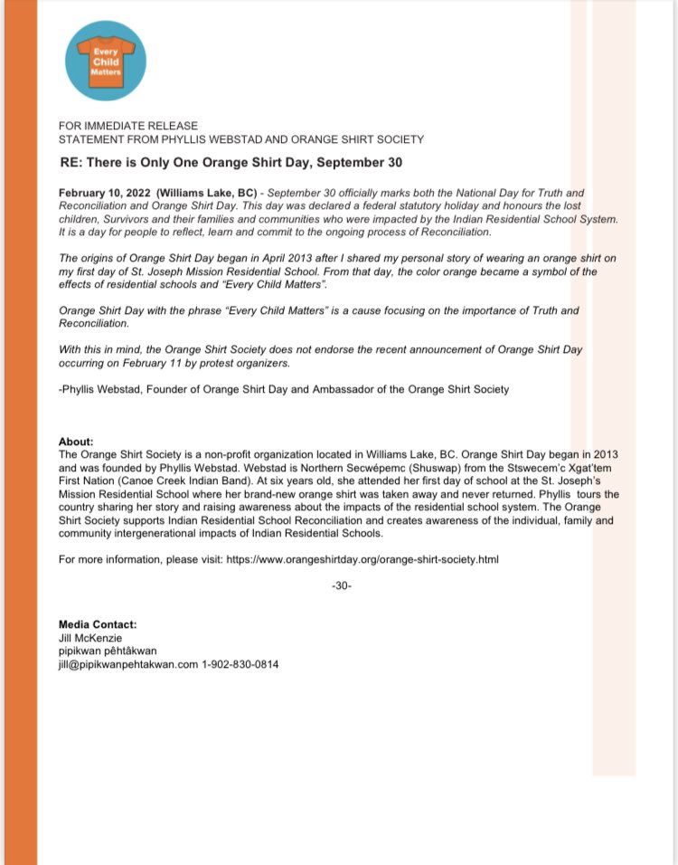 I just received this: Orange Shirt Day creator Phyllis Webstad denounces proposed co-optation of the symbol by convoy occupiers in Ottawa.

“The Orange Shirt Society does not endorse the recent announcement of Orange Shirt Day occurring on February 11 by protest organizers.”
