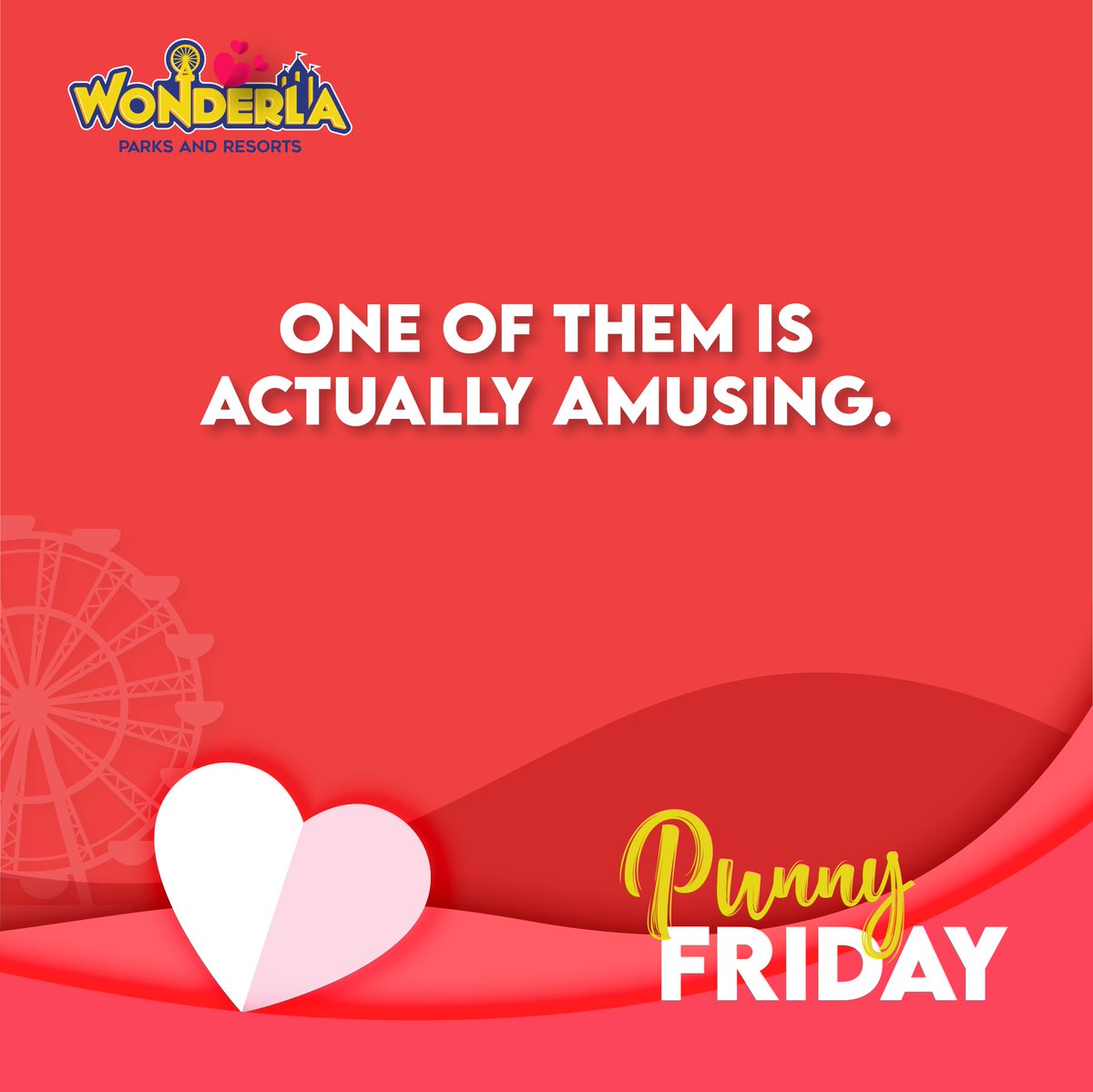 Wonder_La's tweet photo. [HINT: Its Amusement Parks] 

Still looking for some real fun and thrill in life? Say goodbye to swiping on your phone and say yes to swinging at #Wonderla! 😉 

#WonderlaRides #PunnyFriday #FridayVibes #FridayMood #FridayFeeling #WeekendVibes #WeekendMood #FridayMotivation https://t.co/Q1myoXwHlF