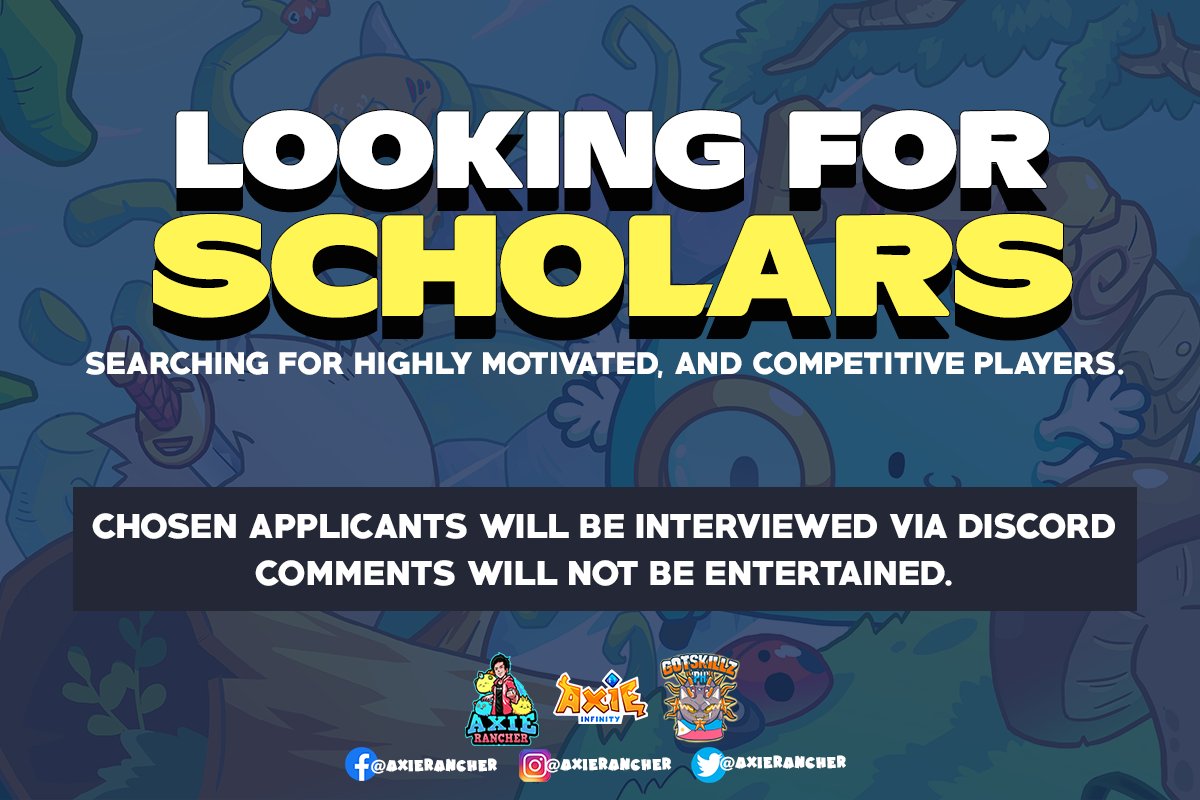 axierancher's tweet photo. Axie Rancher is currently looking for highly motivated and competitive players.

Fill up this form: https://t.co/2N7WZUHBxi

We will be selecting 4 scholars that will be part of our growing team.

Discord: https://t.co/iuKEegkDHN

#AxieScholarship #AxieinfinityScholarship https://t.co/ajMMY8H7Ti