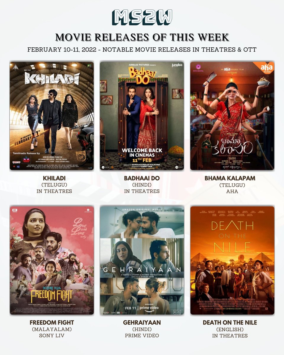 ms2wCinemas's tweet photo. MS2W - Movie Releases of this Week in Theaters &amp; OTT platforms

#ms2w #ms2wmoviereleaseoftheweek #mahaan #vikram #dhruvvikram #karthiksubbaraj #fir #vishnuvishal #kadaisivivasayi #vijaysethupathi
#writer #akashvaani #khiladi #badhaaido #bhamakalapam #freedomfight #gehraiyaan https://t.co/NY2ttP28Zf