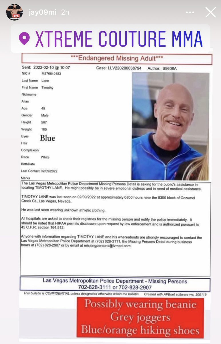 Anyone in #LasVegas, especially if you’ve visited Kyle Canyon at #MTCharleston (where coach’s car was last seen) within the last day or so, please keep a lookout for friend and coach Tim Lane in the area #MissingPerson #Nevada #KyleCanyon