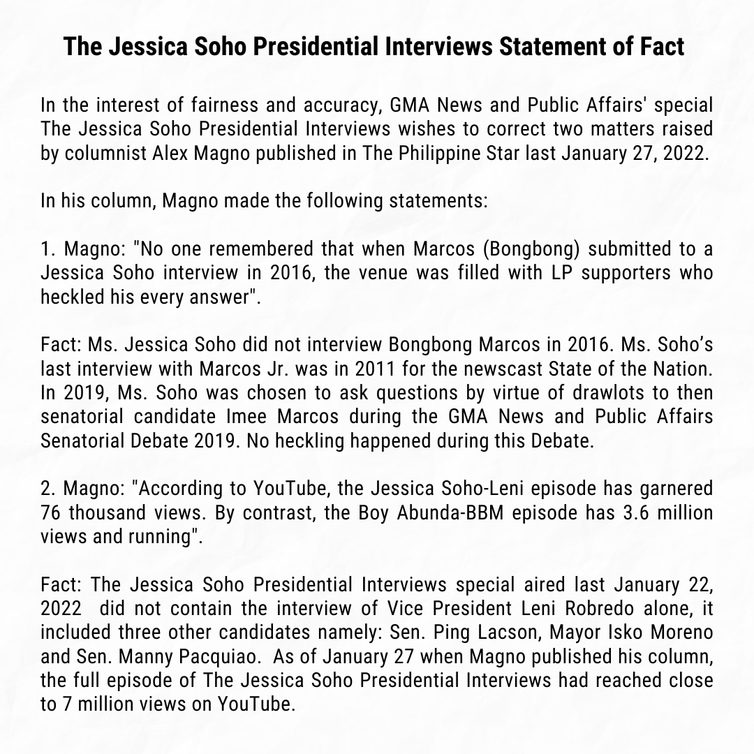 gmanews's tweet photo. In the interest of fairness and accuracy, GMA News and Public Affairs' special The Jessica Soho Presidential Interviews wishes to correct two matters raised by columnist Alex Magno published in The Philippine Star last January 27, 2022. https://t.co/0BipHMuoOp