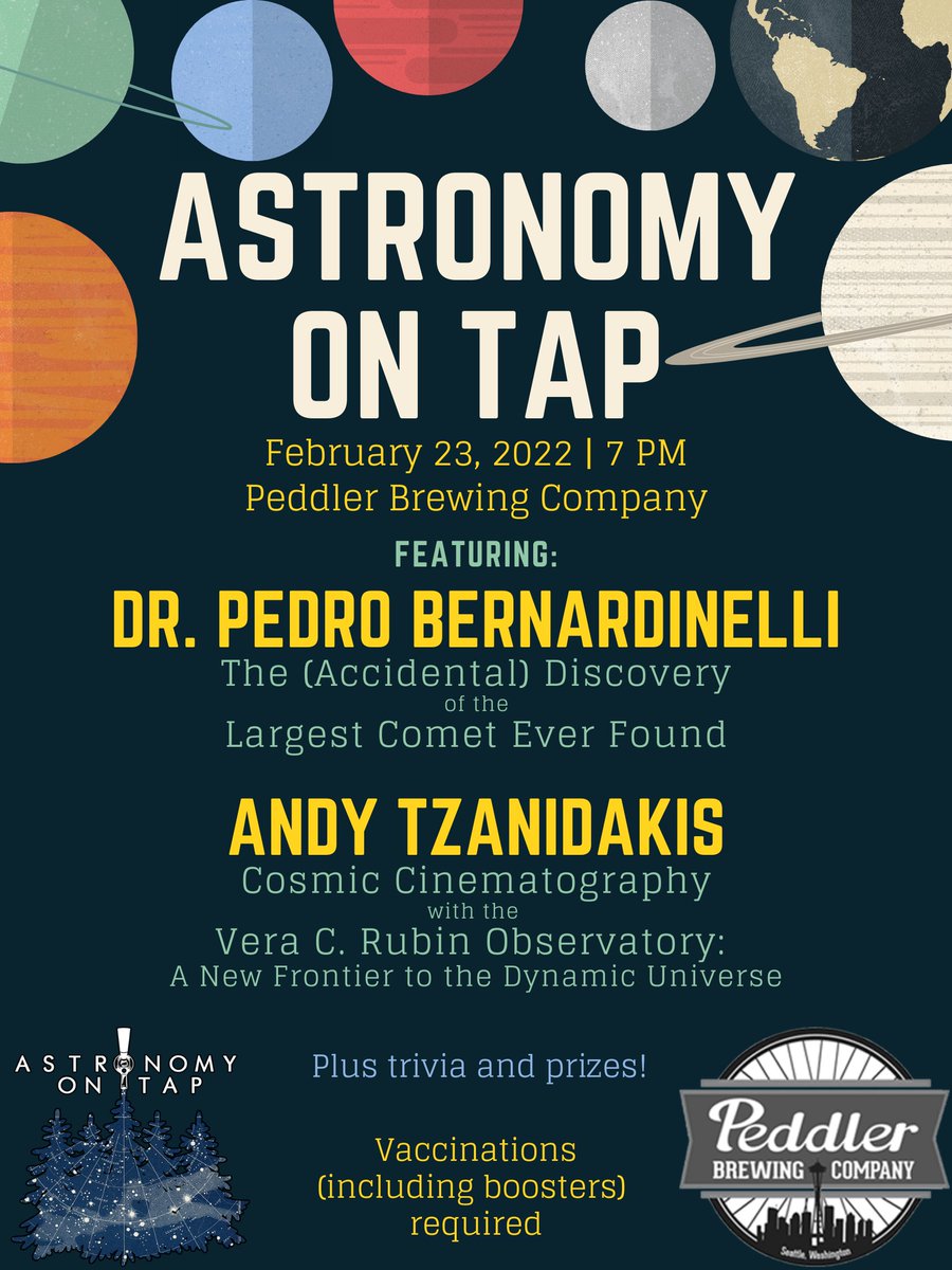 Welcome back! For the first time in two years, #AstroOnTap is back in person, on 02/23 7pm <a href="/PeddlerBrewing/">Peddler Brewing Co.</a> come learn about comets and the new Vera Rubin observatory!

FB: facebook.com/events/9344999…