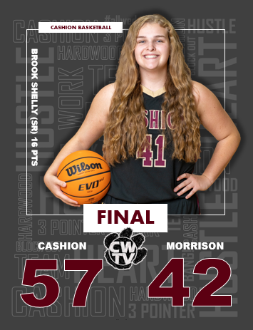 CASHION GIRLS MOVE TO 12-9 WITH CONVINCING 15 POINT WIN OVER MORRISON

Cats paced by Seniors <a href="/laurenlamb111/">laurenlamb11</a> 23 PTS and <a href="/BrookShelly12/">Brook Shelly</a> 16 PTS!

Girls back to action Monday night vs. #3 DALE
Catch game archive at cashionwildcats.tv