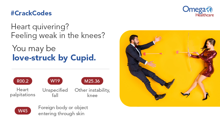 Omega_HMS's tweet image. On #ValentinesDay, Cupid may aim at you! Side-effects include getting struck by an arrow (W45), falling (W19) in love, quivering heart (R00.2), and going weak in the knees (M25.36). Whatever injuries Cupid causes, there’s a medical code for that! Stay tuned for more #CrackCodes!