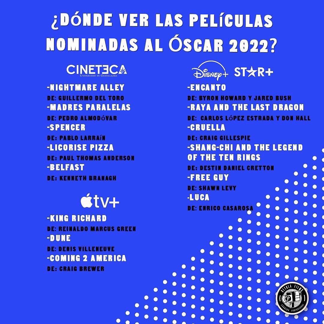 ¿Sabes donde ver las películas nominadas al Oscar 2022? Aquí te decimos...📽🎬🎥 . . . #Oscars2022 #theacademy #OscarNoms #dondever #cine #detolafilms @cinetecaudeg @NetflixLAT @disneyplusla @StarPlusLA @AppleTVPlus @hbomax