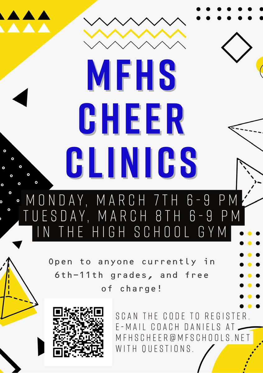 MFHScheer's tweet photo. 📣 Have you thought about trying out for cheerleading? 
🗣Join us for clinics to learn the fundamentals before tryouts!
⭐️Open to all MFMS/MFHS students currently in 6th-11th grades. No charge for the clinic. 
💙Register by scanning the QR code. 
💛We hope to see you there! https://t.co/MPxuxOqqZC