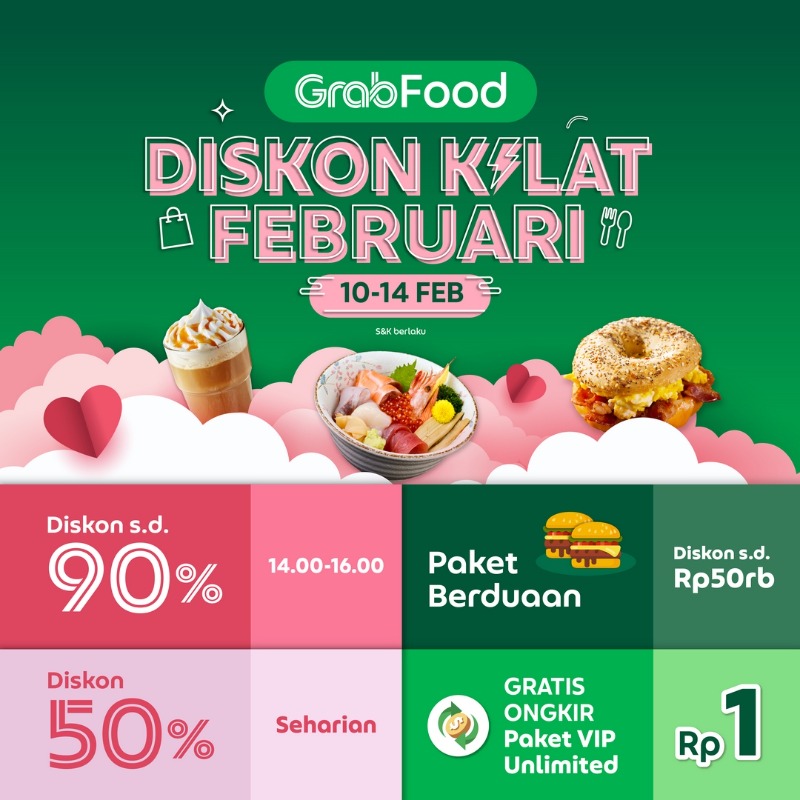 GrabID's tweet photo. Diskon Kilat Februari GrabFood hemat s/d 90% + diskon 50% seharian + Paket Berduaan yang bisa digabung diskon s/d Rp50rb. Jangan sampe ketinggalan! Cuma 5 hari dari 10-14 Feb 2022.