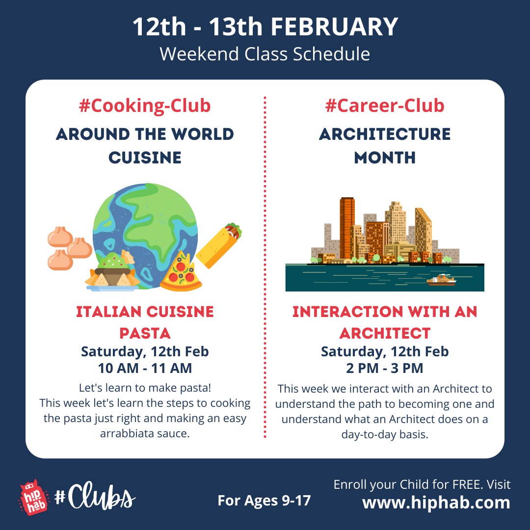 Hip_Hab's tweet photo. 12-13 Feb Weekend Schedule 
#Cooking-Club - Let's make Pasta
#Career-Club - Interaction with an Architect
#Public-Speaking-Club - Structuring the Speech
#Book-Club - Horror Story of Ramsay Brothers

#architecture #elearning #edtech #learning #horrorstories #speech #pasta 
..(1/2) https://t.co/ikY6iUYqhS
