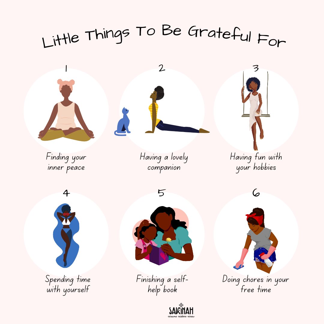 sakinahwellness's tweet photo. Little things to be grateful for include..

What are you grateful for? Drop a comment. 😊💜💞🌄✴️🦋👸😍

#sakinahwellness #gratitude ##therapyhacks #therapytips #neuroplasticity #mentalhealthawareness #anxietyrelief #mentalhealth #depressionhelp https://t.co/kBtzu4bUkt