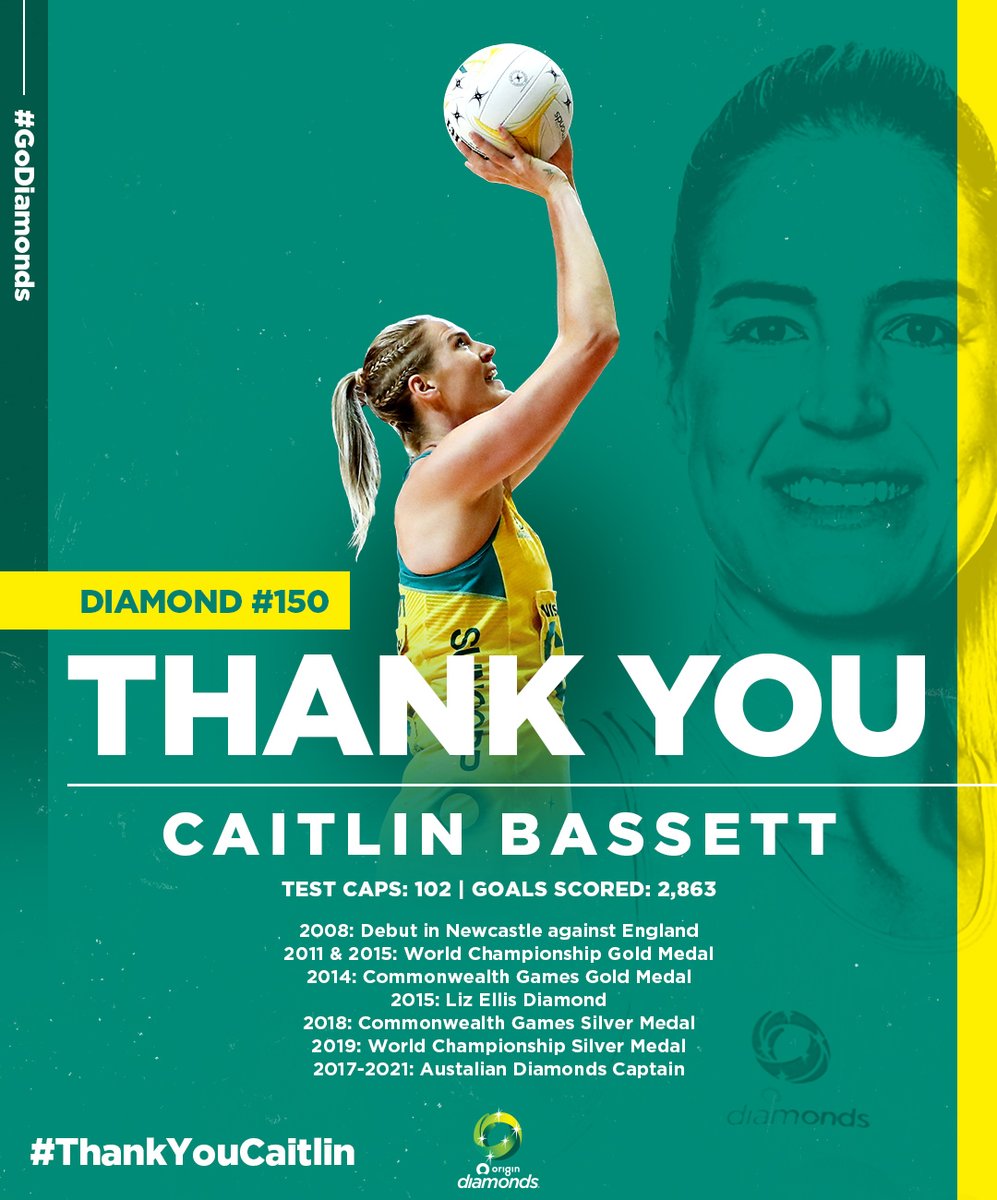 After an illustrious international and national league career, former Diamonds captain, two-time World Champion and Commonwealth Game gold medallist Caitlin Bassett has announced her retirement.

Thank you 💎#150 for everything💚💛