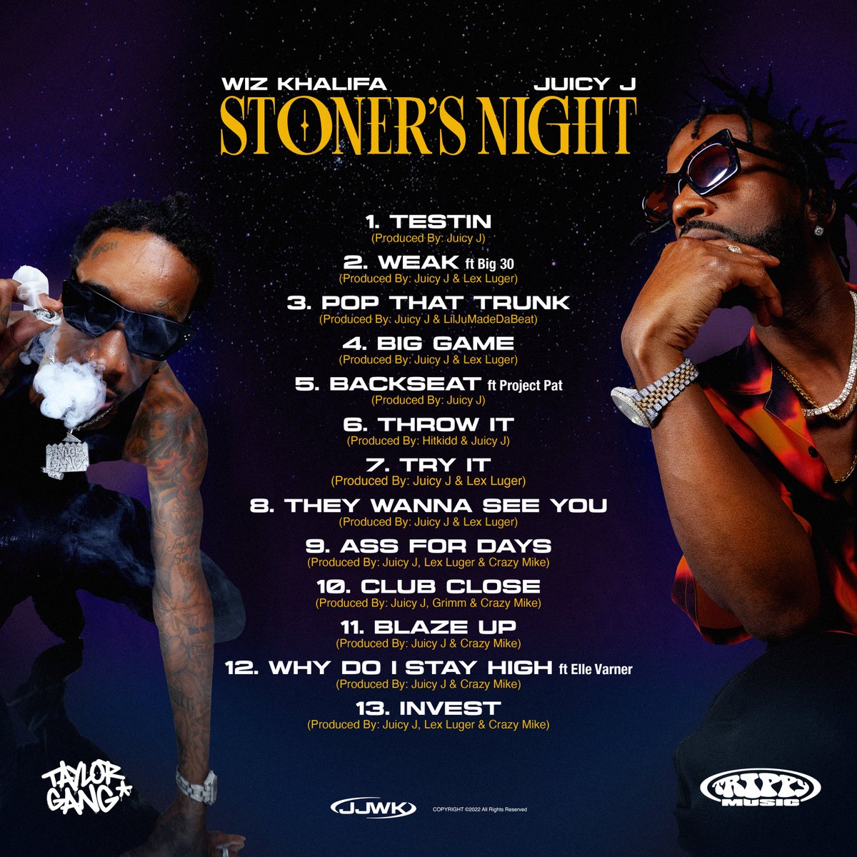 wizkhalifa's tweet photo. Stoner's Night streaming everywhere. Roll one up. 💨💨💨 @therealjuicyj 

https://t.co/LimYd7ppCy https://t.co/7zmS3eIaBL