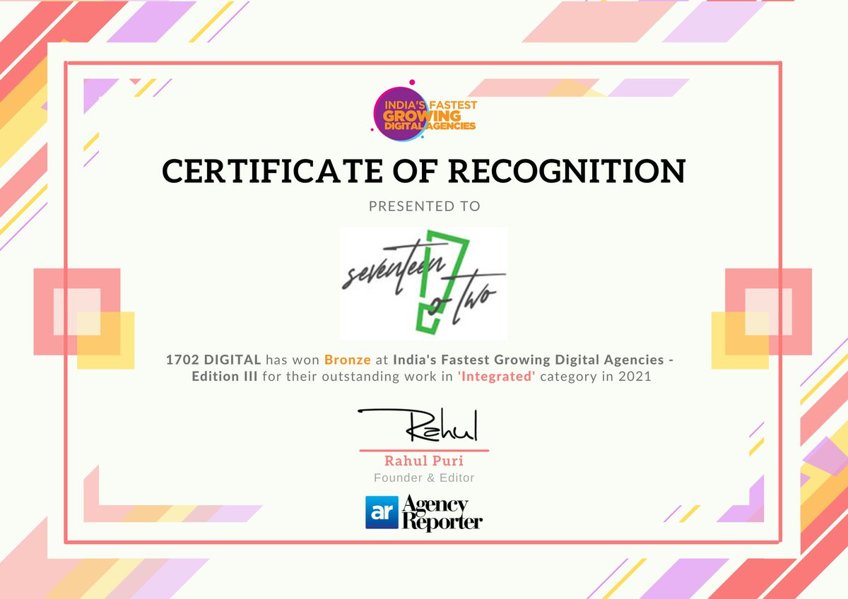 agency_reporter's tweet photo. Congratulations Aanchal Arora, @Mihirfactorial &amp; Team @1702Digital on being recognized as the Bronze winner of India's Fastest Growing Digital Agencies- Edition III in the 'Integrated' category. https://t.co/GXbIp8fXCr
