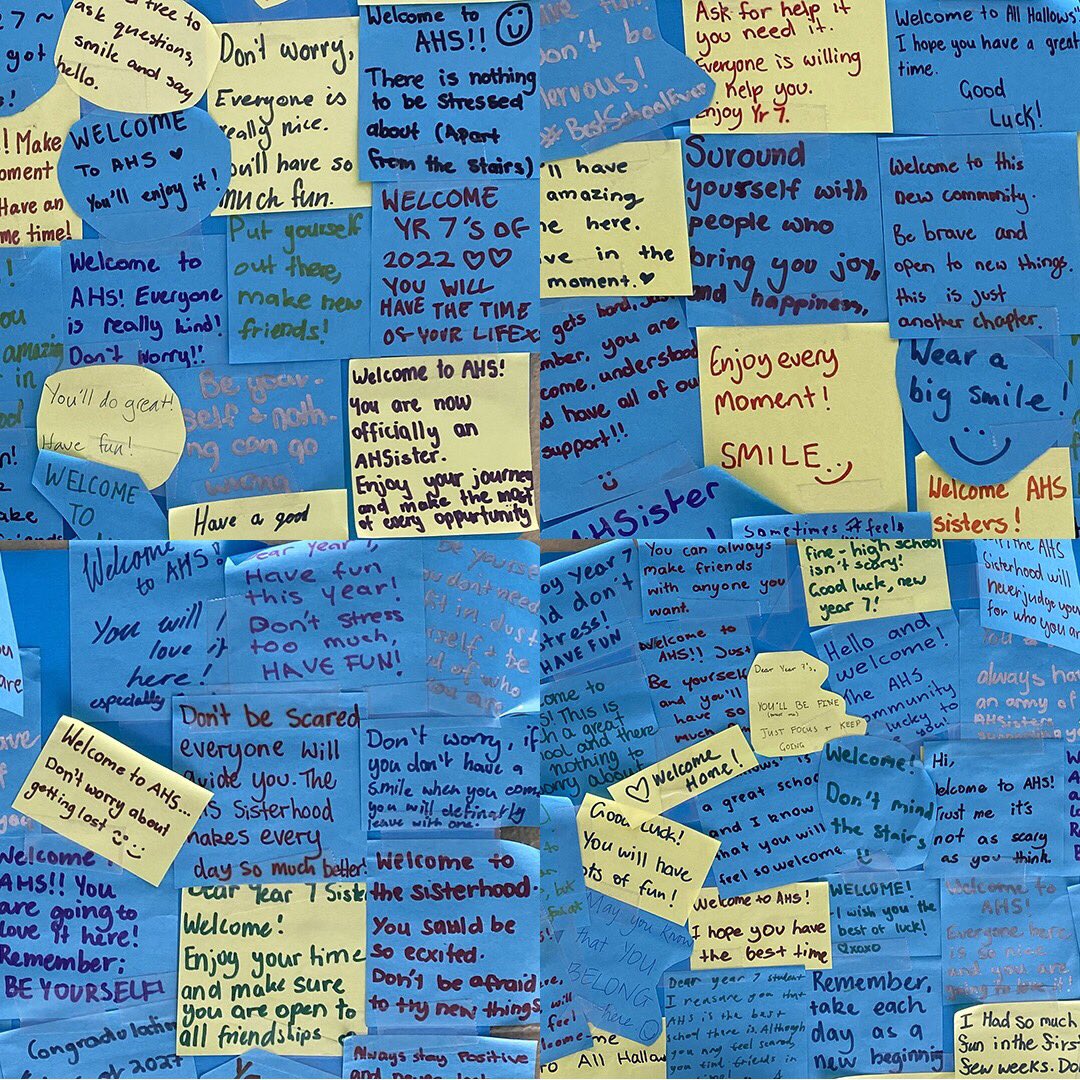 ahsbrisbane's tweet photo. It’s been a wonderful week of welcome for the newest members of the AHSisterhood! We especially loved the ‘Welcome Wall’ created for new #ahsisters, filled with personal, handwritten messages of support, advice and well wishes from our 2021 Year 7 students 💙 https://t.co/jkPPu2uWeP