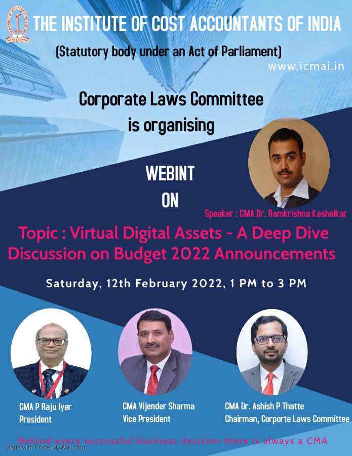I am holding a session on #VirtualDigitalAssets and #cryptocurrencies for the Institute of Cost Accountants of India. It is open for all. Members and non-members can all visit their site icmai.in/icmai/index.php for registration