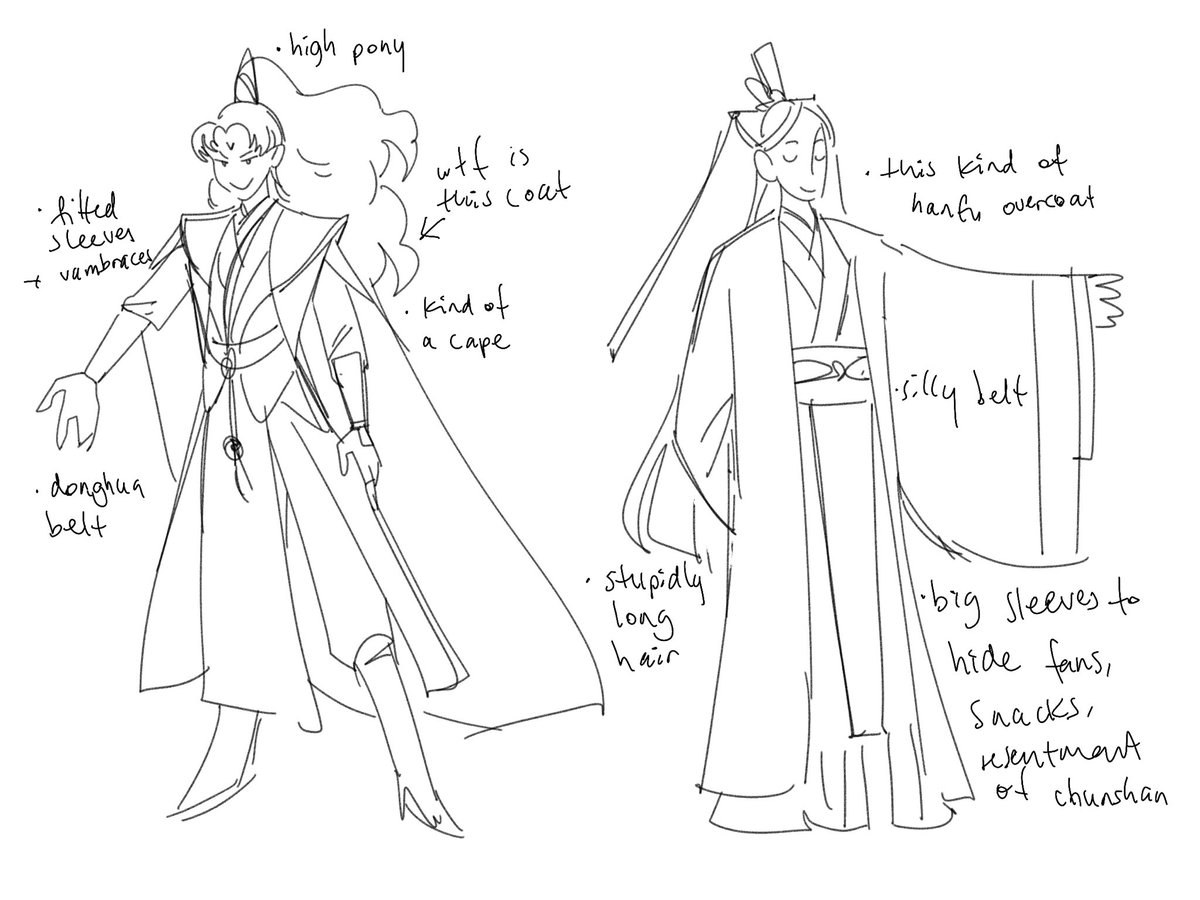 bingqui don't have 1 visual source that i like to draw from + sv has the most "bullshit semi-historical completely vibes-based fantasy costume design" energy so i've been trying to settle on a design mashup i like for quite some time… i like to give binghe a silly vest cardigan 