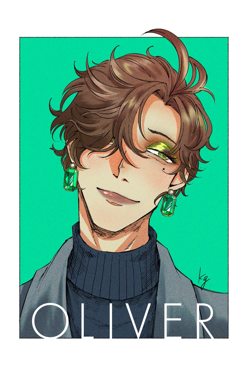 jewelry earrings brown hair green eyes solo hair over one eye male focus  illustration images