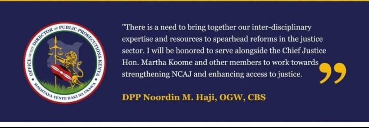 NCAJ_KE's tweet photo. The NCAJ Council unanimously approved the appointment of @ODPP_KE Director Mr. Noordin Haji, OGW, CBS as our 1st Vice Chairperson.
We congratulate you sir and wish you all the best in this new role towards strengthening the justice sector and #EnhancingAccessToJustice for all https://t.co/lgCvNo495C