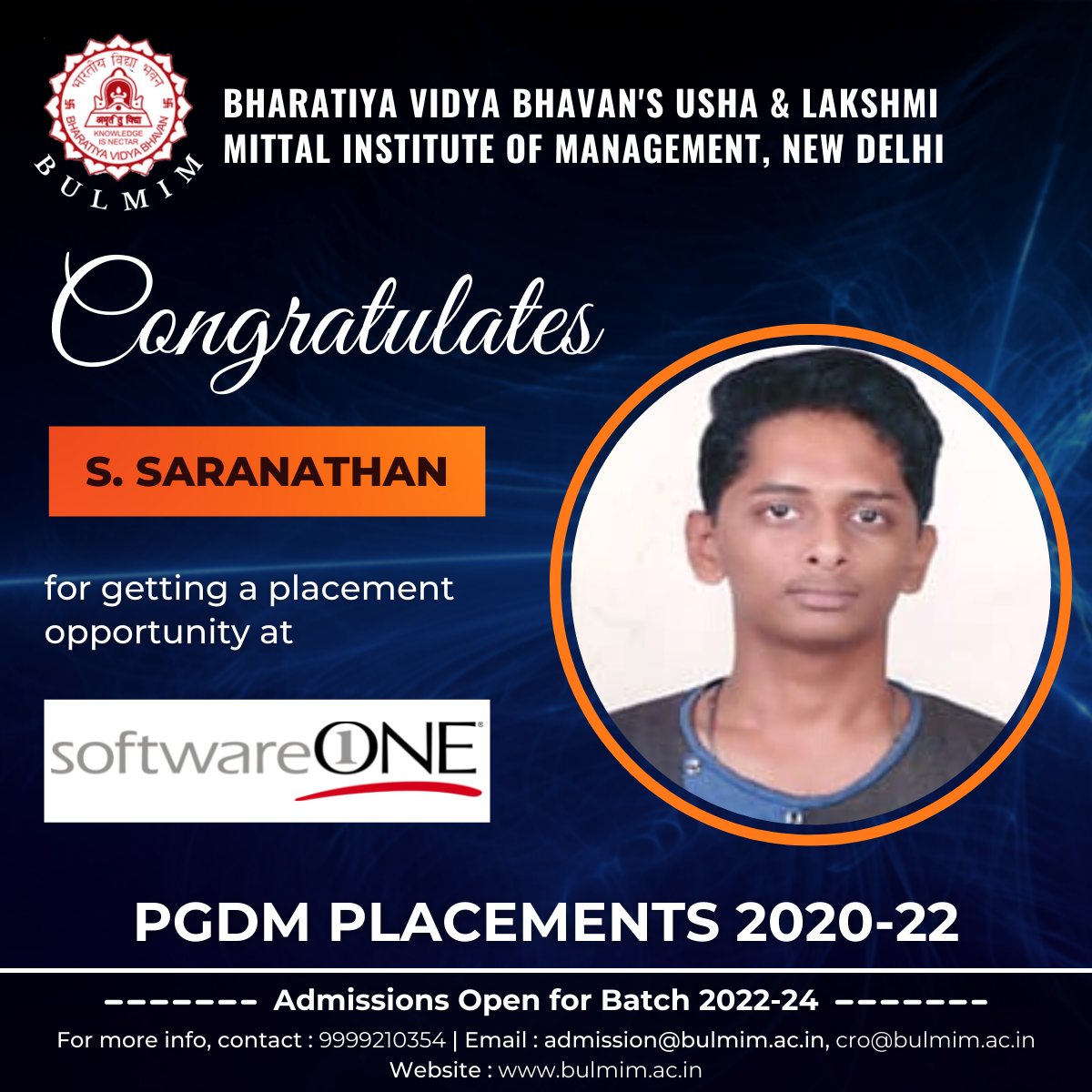 BULMIMPLACEMENT's tweet photo. Heartiest Congratulations to S. Saranathan, the PGDM student of BULMIM for getting placed at SoftwareONE. Wishing you all the very best for a very successful career &amp; a very happy life. https://t.co/Hram6ux4Ma