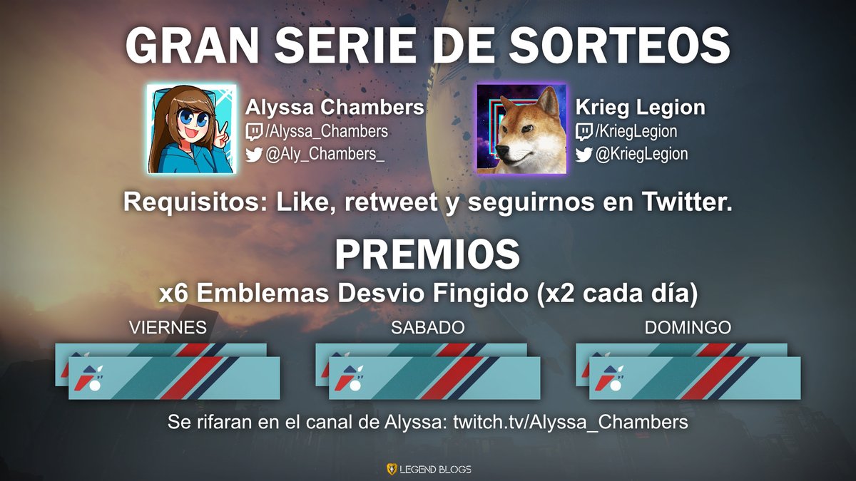 📢 RIFAS DE FIN DE SEMANA 📢

🎁Fin de semana de emblemas raros "Feint Drift"🎁

🎯Requisitos:
💙 Seguir a <a href="/KriegLegion/">KriegLegion</a> y a mi @AlyChambers 
💙 Like &amp; Rt

Las rifas serán en mi stream!
Mucha suerte! 
Los miro mañana los quiero mucho!💙✨