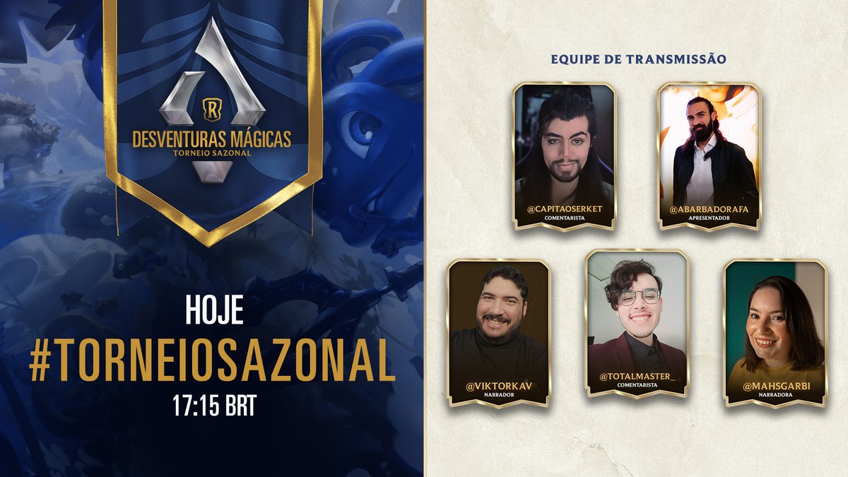Hoje acontece a Etapa Eliminatória do #TorneioSazonal Desventuras Magicas!

Temos 10 brasileiros na disputa para definir o melhor jogador de Legends of Runeterra do servidor das Américas!

Assista AO VIVO em:
▪ twitch.tv/riotgamesbrasil
▪ youtu.be/47fHmPQCPVw