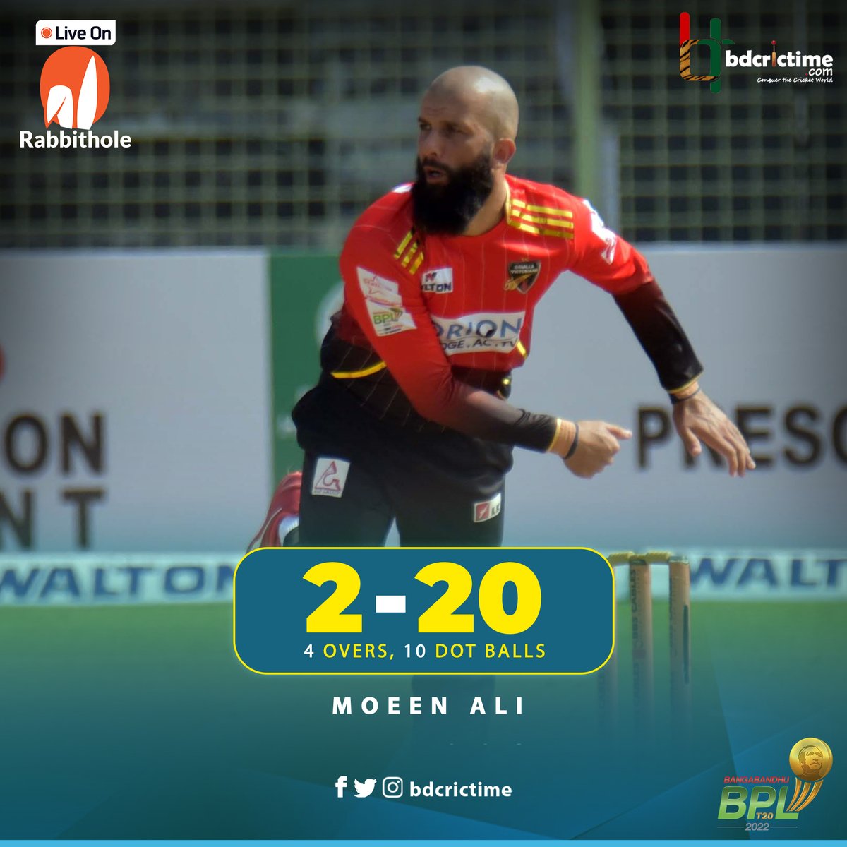 BDCricTime's tweet photo. 75 runs with the bat
Wickets of Soumya Sarkar & Yasir Ali
A match to remember for Moeen Ali
Live- https://t.co/s7dD676enN
#KTvCV #BBPL2022 https://t.co/RDAJRryUXv