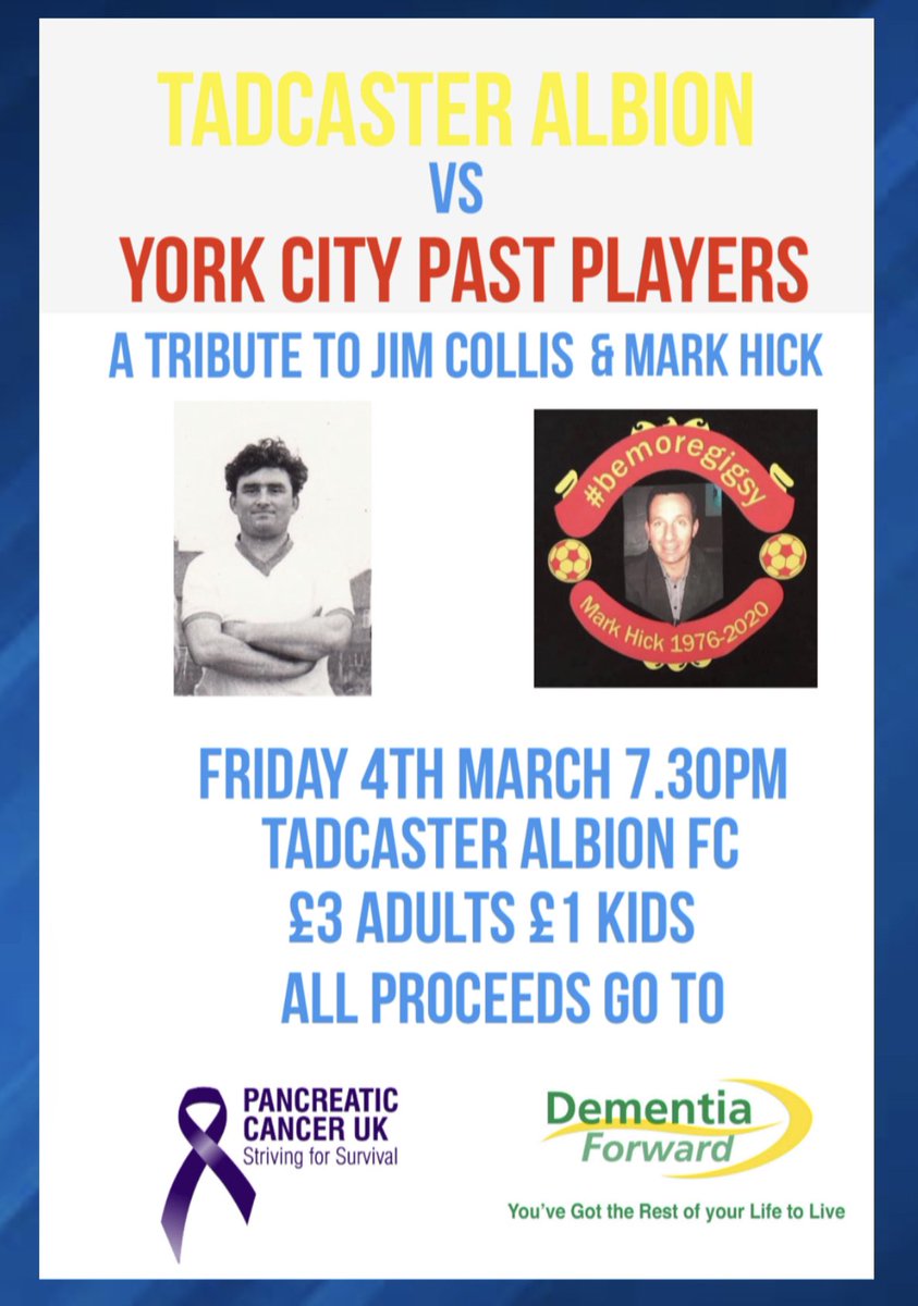 3 weeks to go now, get yourself down to @TadcasterAlbion & see some of @YorkCityFC Former greats like @mcmillan1968 @tonycanham10 @scottkerr8 in action again. Supporting @dementiaforward & @PancreaticCanUK ⚽️⚽️⚽️ RT & spread the word ⚽️⚽️⚽️
