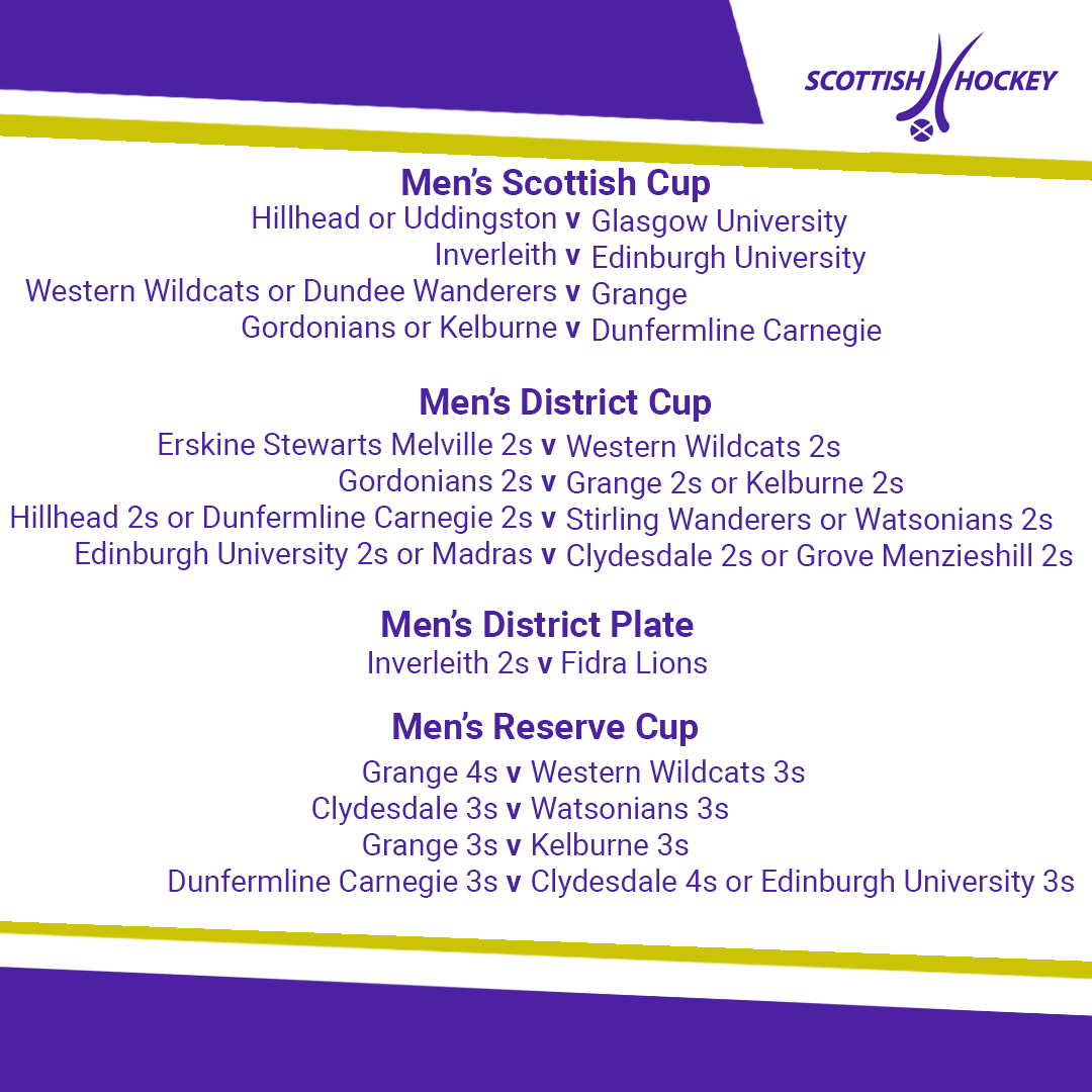 ScottishHockey's tweet photo. The draw has been announced for the men's Scottish Cup; District Cup; District Plate and Reserve Cup!! π
Fixtures are scheduled for 6 March. #ScottishCup #ResetBuildExcel https://t.co/kCDTjnGElj