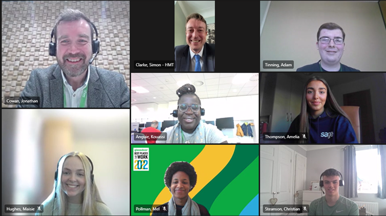 As National Apprenticeship Week draws to a close, we'd like to extend a thank you to <a href="/hmtreasury/">HM Treasury</a> @SimonClarkeMP for meeting with some of our amazing <a href="/sageuk/">Sage UK</a> apprentices. The group shared some of the exciting work they're doing to help #KnockDownBarriers for customers. #NAW2022