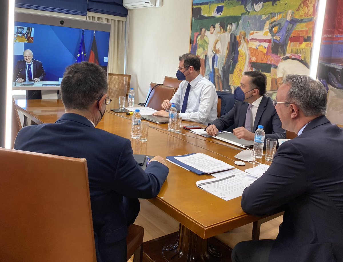 cstaikouras's tweet photo. Productive videoconference with German Finance Minister @c_lindner. The discussion focused on the strong recovery of the Greek economy and its positive prospects, European economic developments and Greece's prepayments of IMF and bilateral European loans. @BMF_Bund https://t.co/THrjIhKeNk