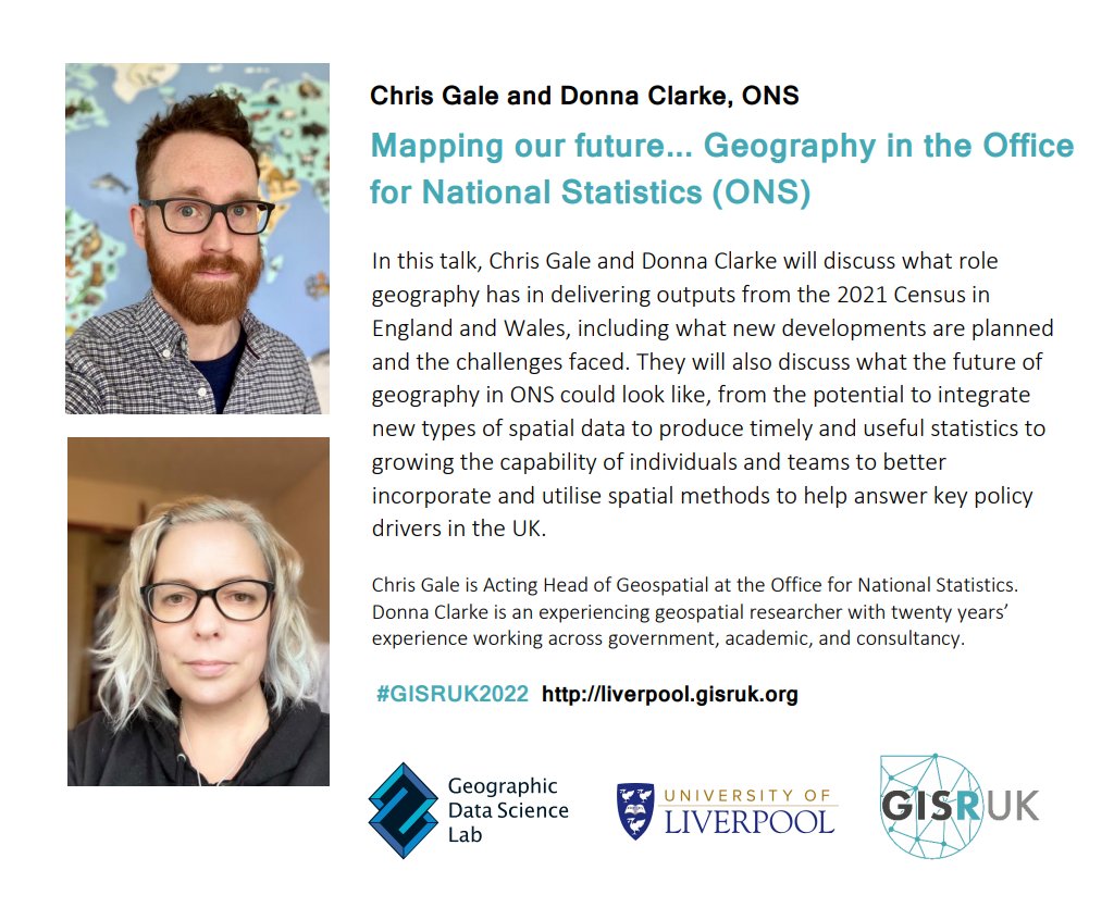 And last but by no means least... for our third #GISRUK2022 keynote we will be hearing from the fantastic <a href="/geogale/">Chris Gale</a> &amp; Donna Clarke from <a href="/ONSgeography/">ONS Geography</a> about all the exciting geospatial developments with the latest UK #Census2021! 🤩🧮